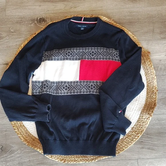 Tommy Hilfiger Navy Blue Fair Aisle Flag Cotton Crewneck Sweater - Picture 1 of 13